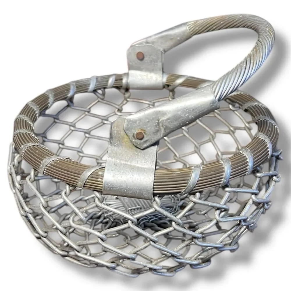 Round Vintage Metal Steel Woven Wire Basket With Hinged Handle Made In India